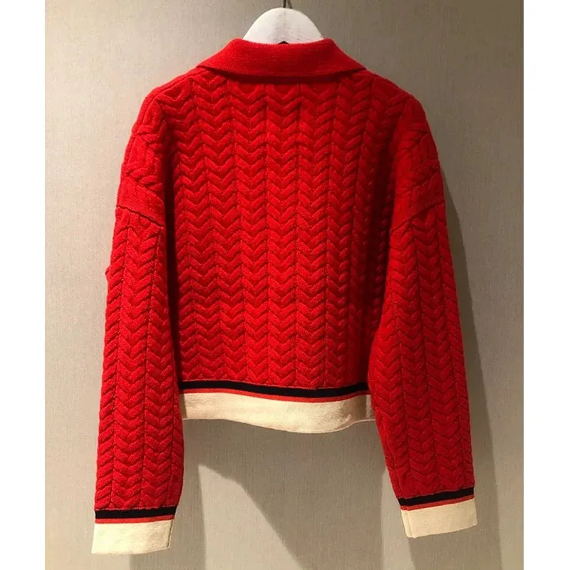 High-end small fragrance red sweater jacket cardigan women's new autumn and winter loose temperament lapel twist sweater T9491