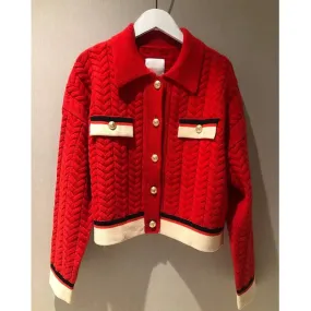 High-end small fragrance red sweater jacket cardigan women's new autumn and winter loose temperament lapel twist sweater T9491