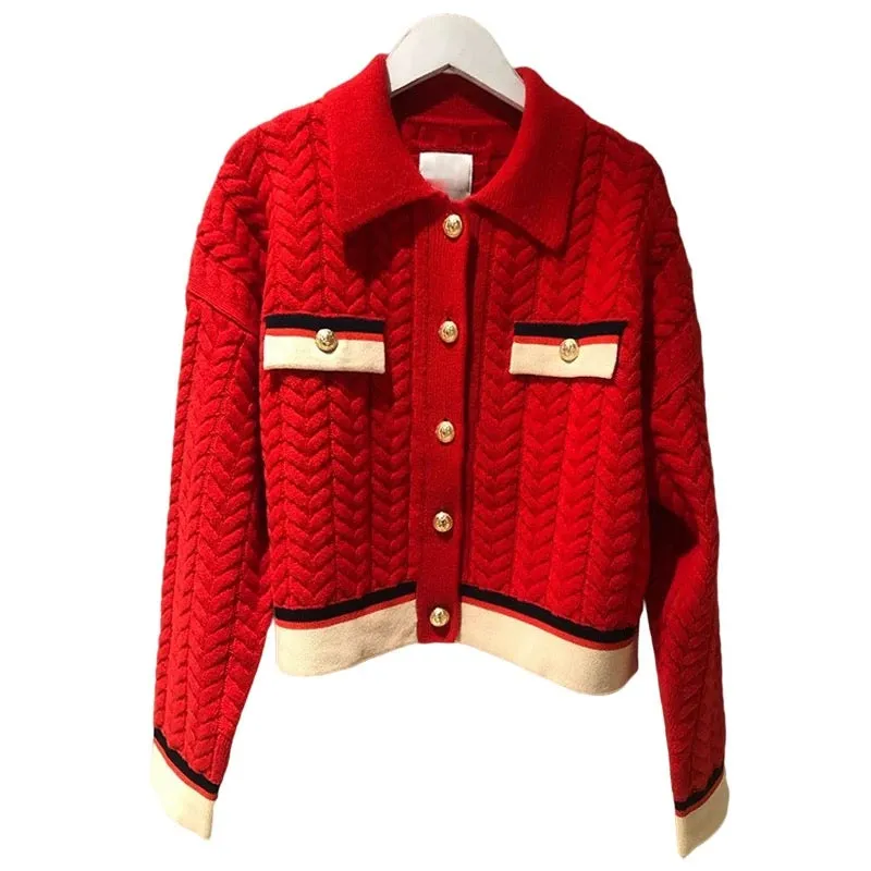 High-end small fragrance red sweater jacket cardigan women's new autumn and winter loose temperament lapel twist sweater T9491