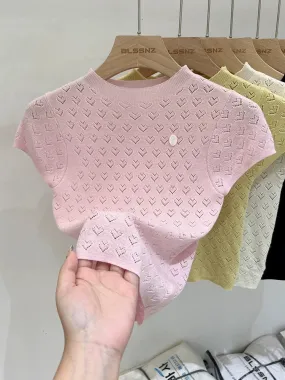 Ice Silk Thin Feifei Sleeve Pink Knitted Sweater Women's Summer 2024 New Design Hollow Slim Short Top