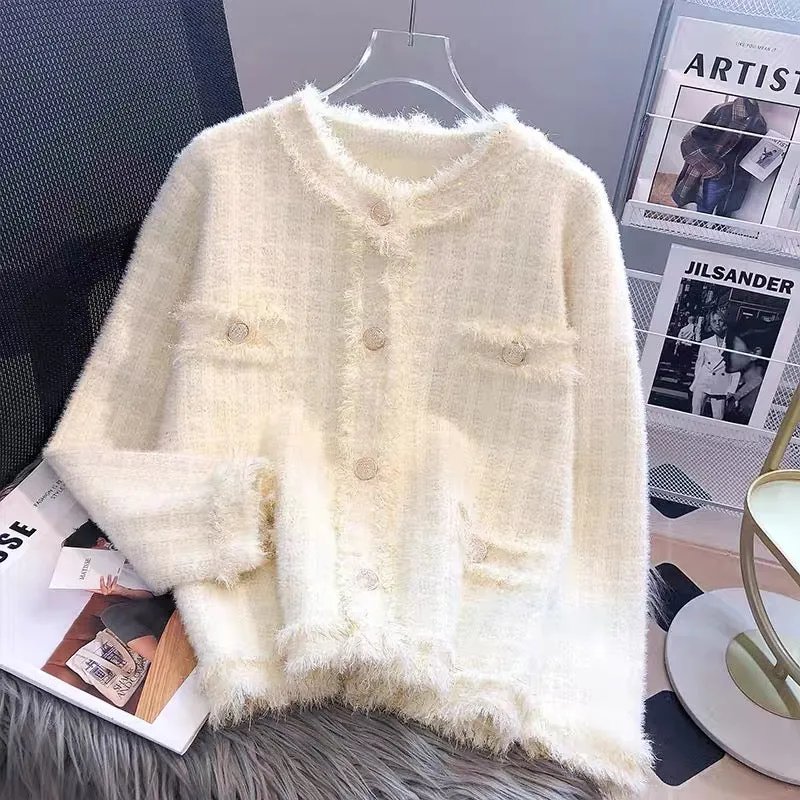 Imitation mink knitted cardigan sweater jacket for women autumn and winter thickened loose 2023 new style small fragrance popula