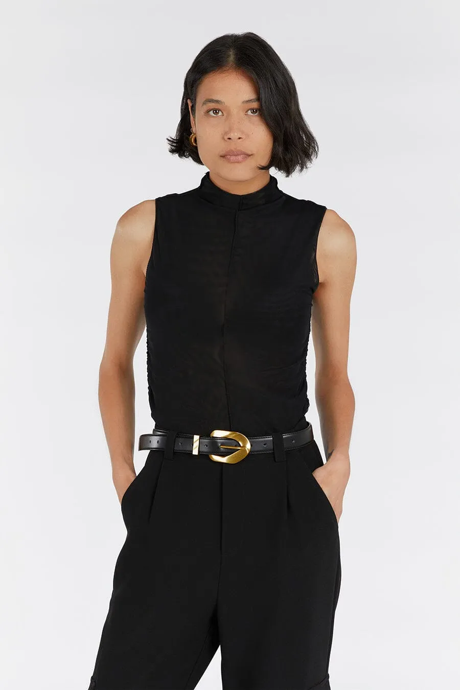 JAGGER BLACK SLEEVELESS MESH TOP