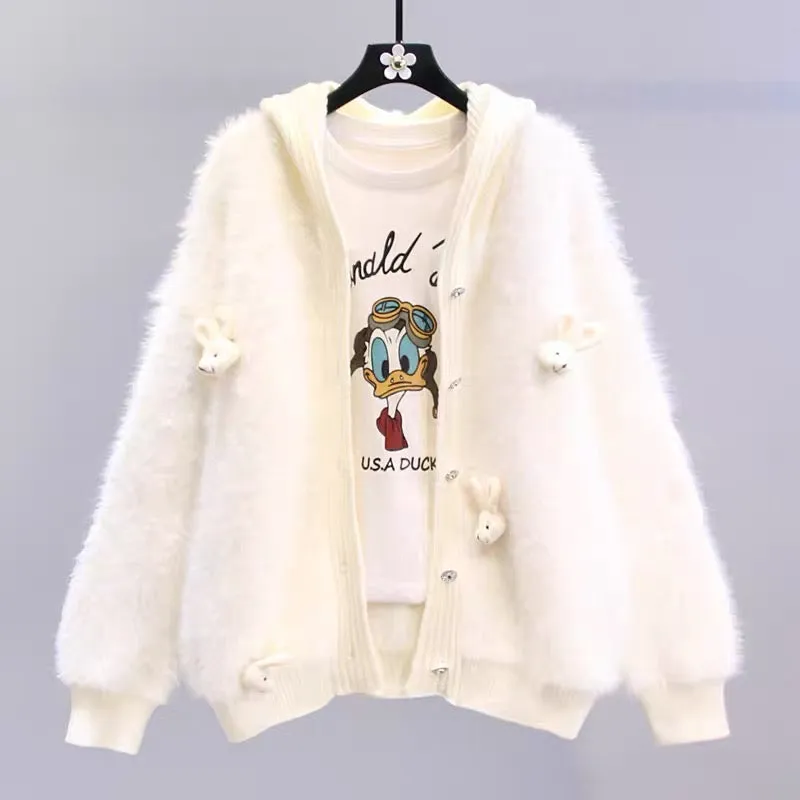 Japanese cartoon imitation mink hooded sweater jacket for women autumn and winter 2023 new loose design knitted cardigan (S3337)