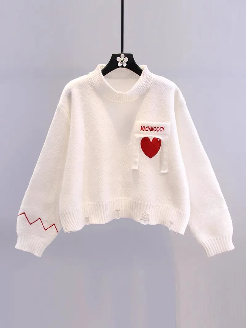 Japanese sweet love embroidered sweater for women autumn and winter 2023 new loose lazy style versatile short knitted top