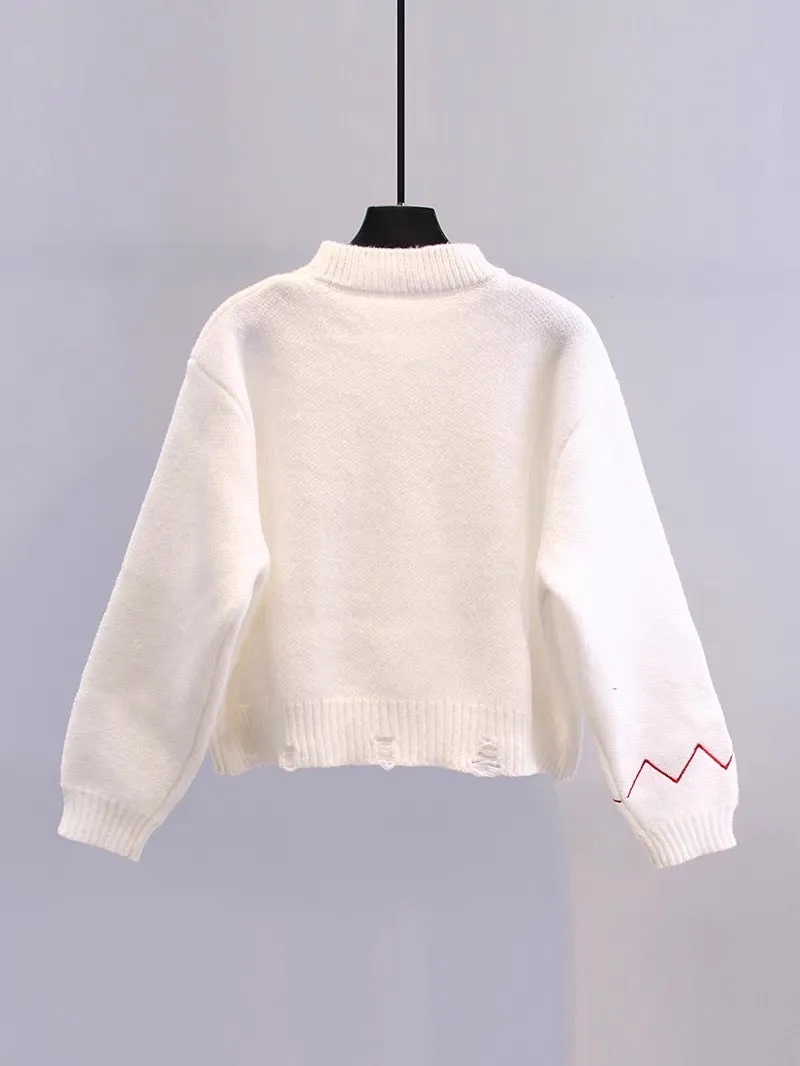 Japanese sweet love embroidered sweater for women autumn and winter 2023 new loose lazy style versatile short knitted top