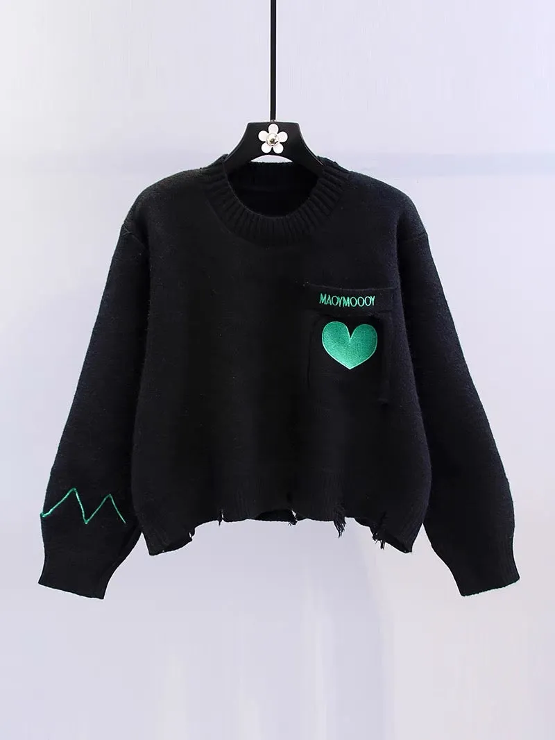 Japanese sweet love embroidered sweater for women autumn and winter 2023 new loose lazy style versatile short knitted top