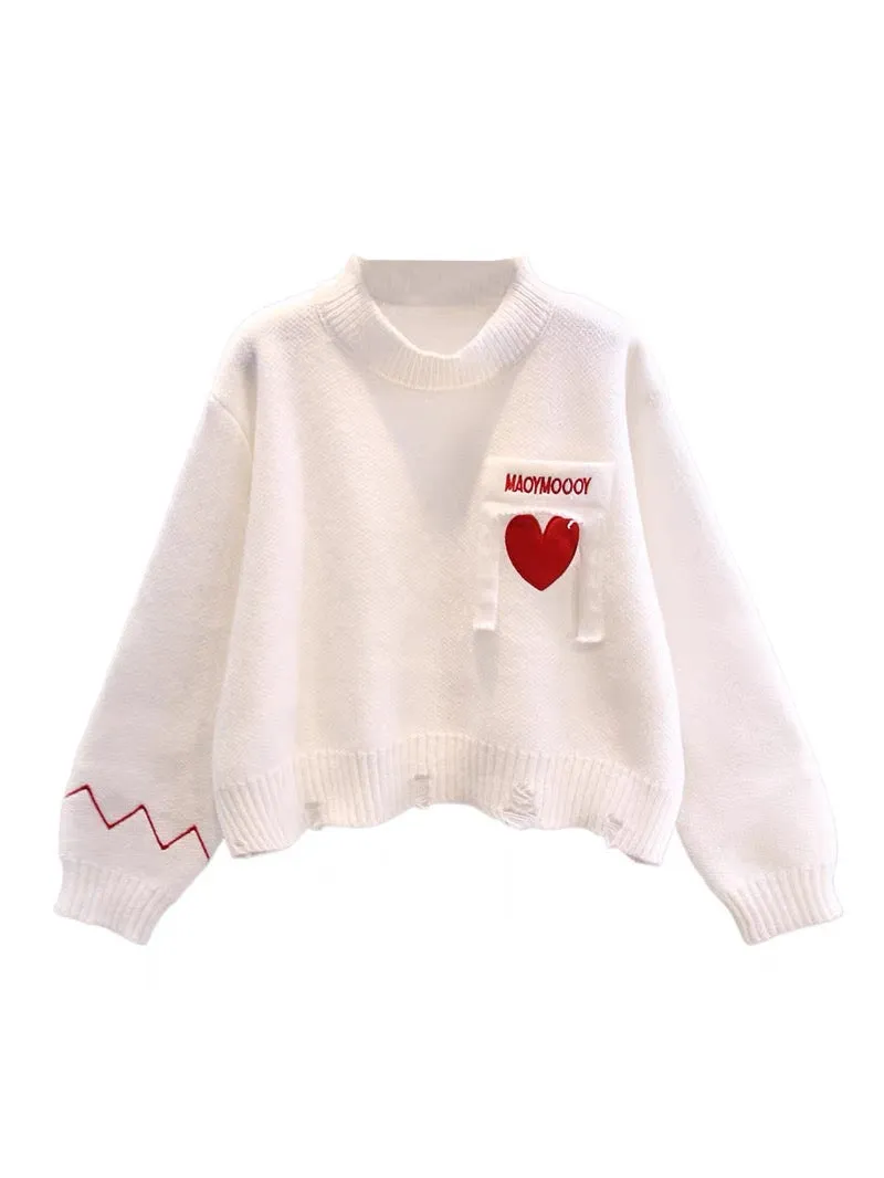 Japanese sweet love embroidered sweater for women autumn and winter 2023 new loose lazy style versatile short knitted top