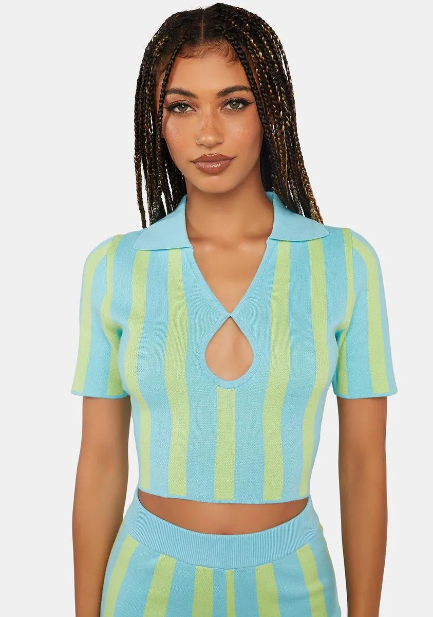 Keyhole Stripe Knit Polo Top-