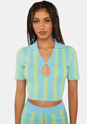 Keyhole Stripe Knit Polo Top-