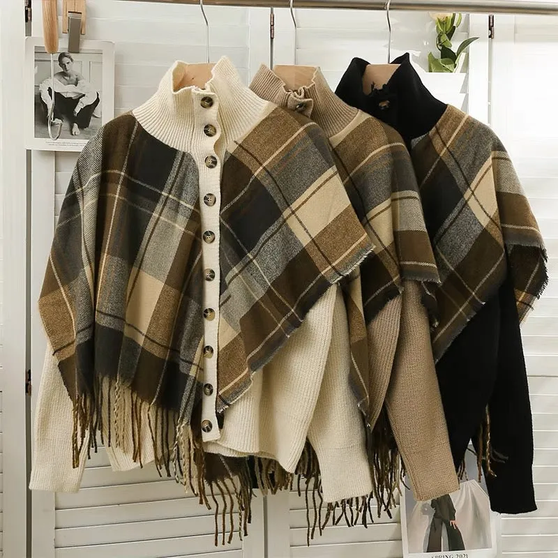 Korean style contrasting color stitching plaid fake shawl sweater for women 2023 autumn and winter slim slim turtleneck long-sle