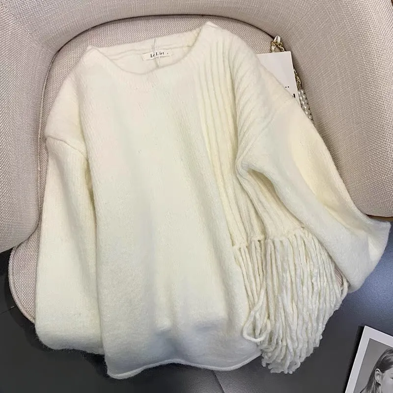 Korean style lazy style white round neck sweater for women autumn and winter design niche fashionable personality tassel sweater