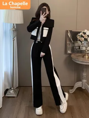 La Chapelle Xiaoxiangfeng casual sports suit for women autumn 2023 new temperament cardigan wide-leg pants two-piece set