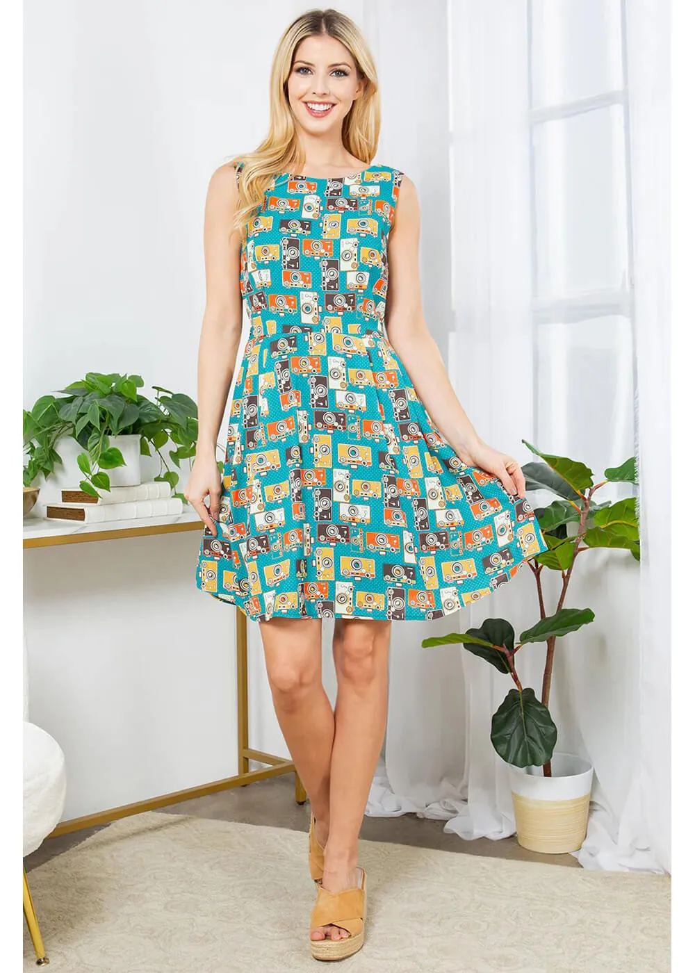 LA Soul Zoey Vintage Camera Skater Dress Green