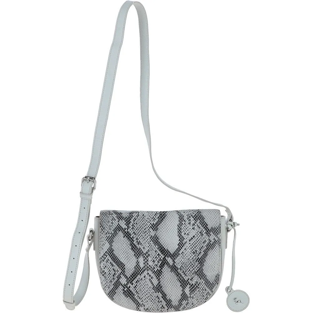 Leather Snake Print Crossbody Saddle Bag Ice Grey: 63285