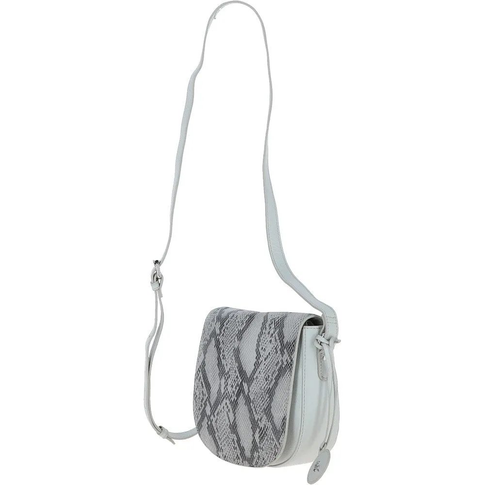 Leather Snake Print Crossbody Saddle Bag Ice Grey: 63285