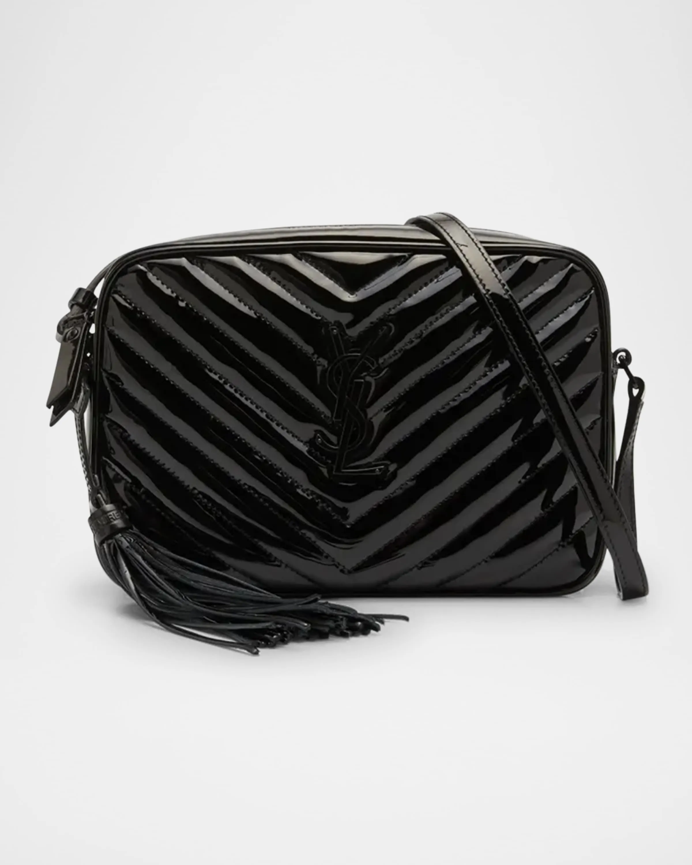 Lou Medium YSL Camera Bag with Pocket and Tassel in Quilted Patent Leather