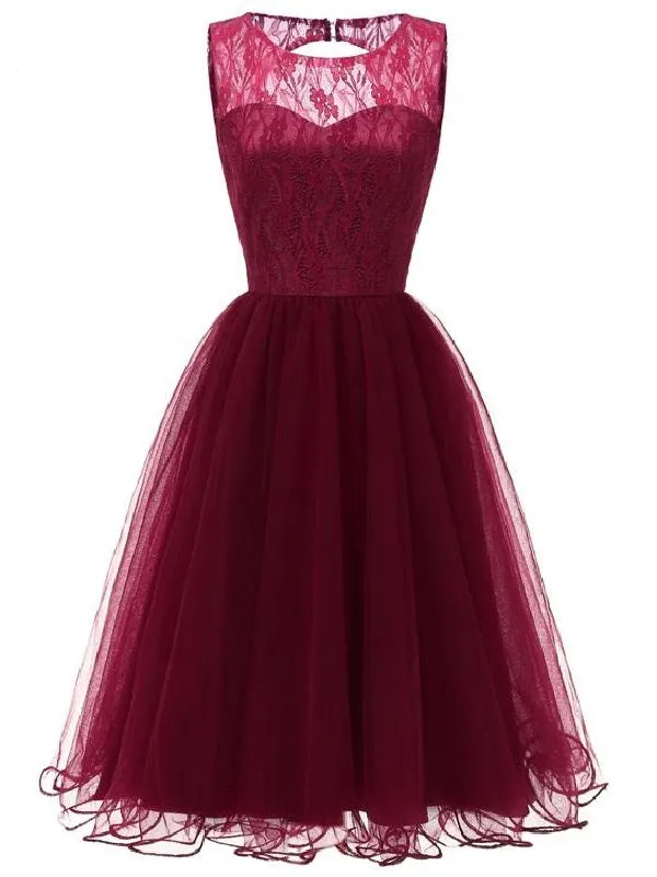 Maroon Retro Prom Dress Modest Lace Top Tulle Dress Short Homecoming Dress