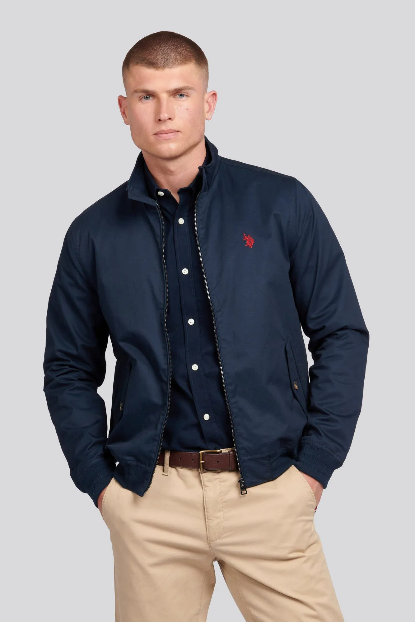 Mens Cotton Twill Harrington Jacket in Dark Sapphire Navy / Haute Red DHM