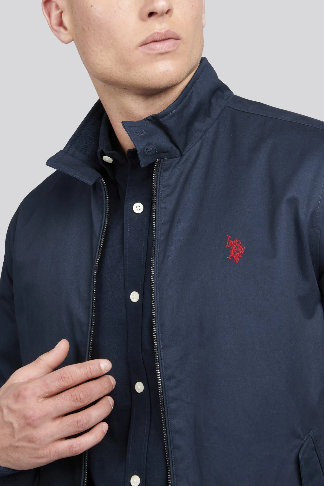 Mens Cotton Twill Harrington Jacket in Dark Sapphire Navy / Haute Red DHM