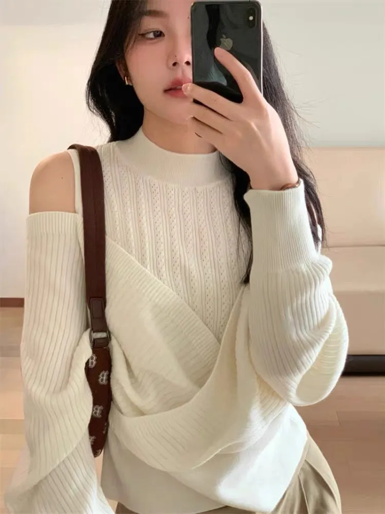 Mimuzi ~ 2023 autumn new pure lust style fake two-piece off-shoulder loose slim pullover long-sleeved sweater for women