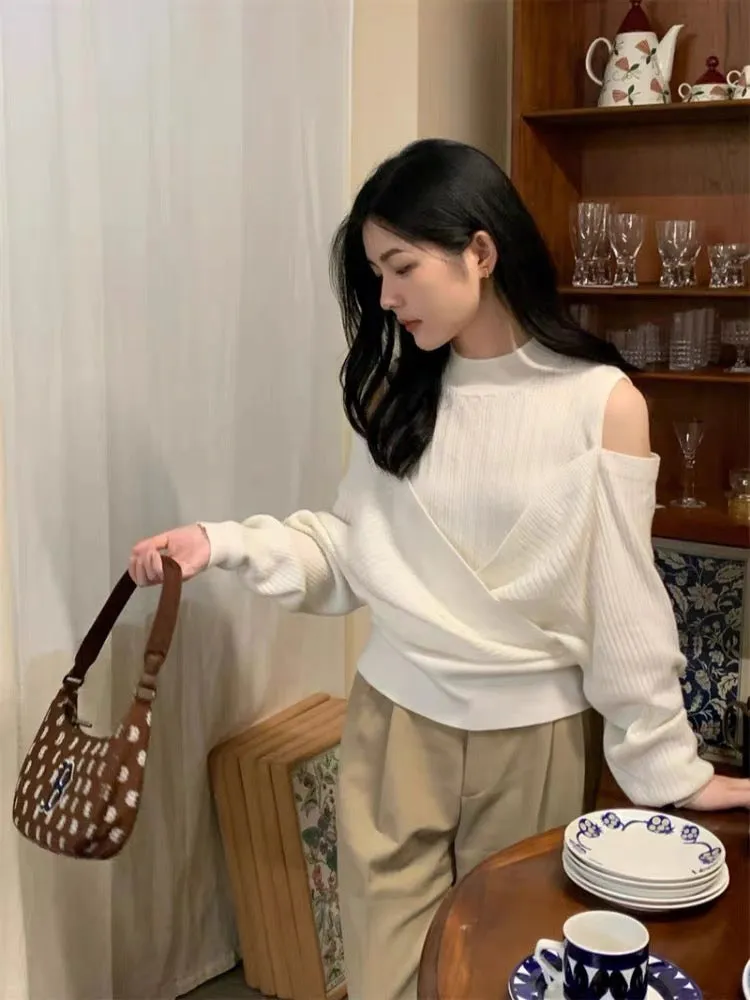 Mimuzi ~ 2023 autumn new pure lust style fake two-piece off-shoulder loose slim pullover long-sleeved sweater for women