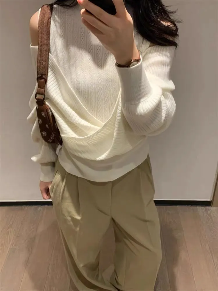 Mimuzi ~ 2023 autumn new pure lust style fake two-piece off-shoulder loose slim pullover long-sleeved sweater for women