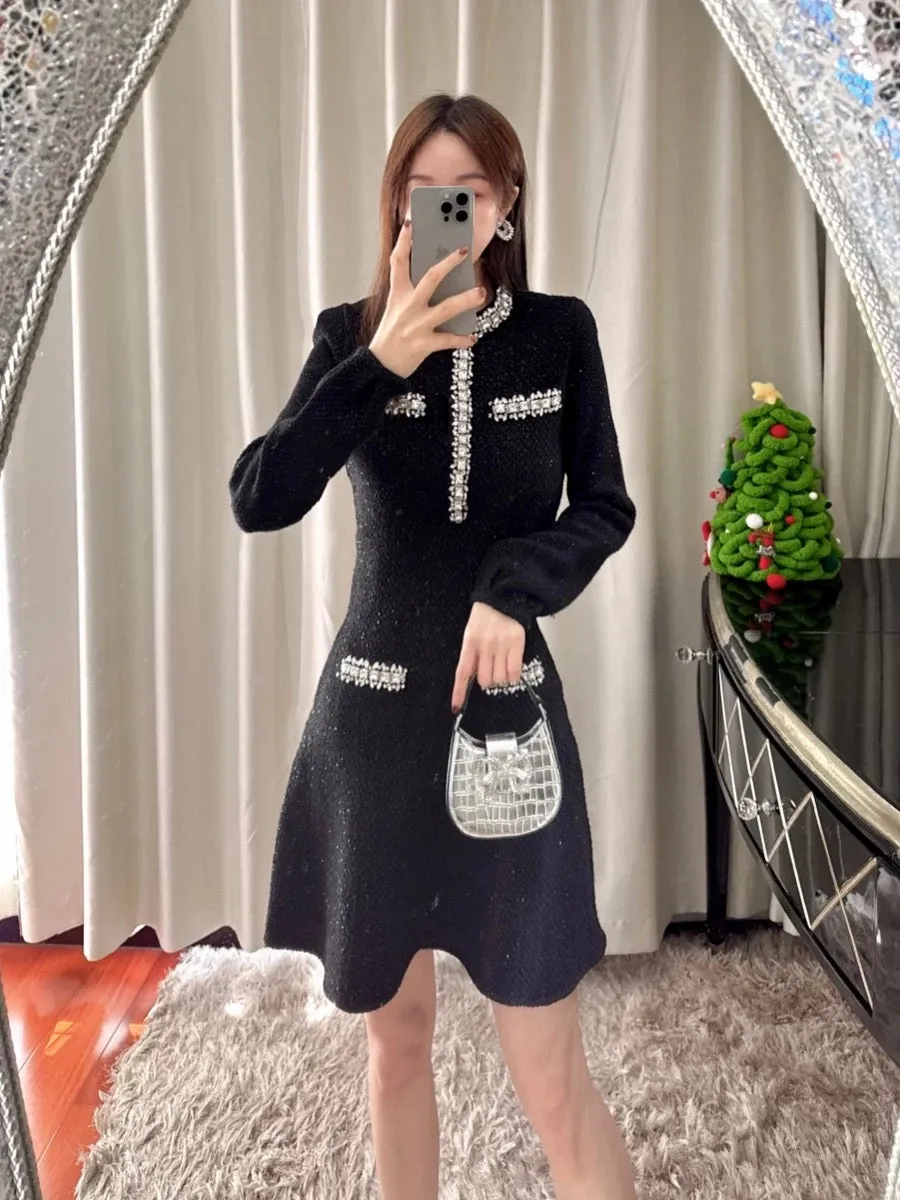 miu miu style fashion heavy industry French style black long-sleeved waist sweater knitted dress for women