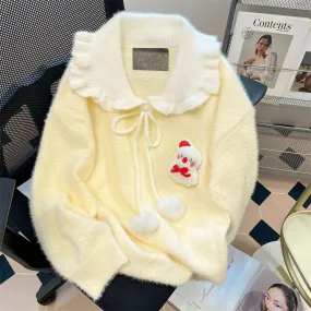 Naiguai Art Student Cute Snowman Doll Collar Sweater Women's Autumn and Winter Korean Style High-Quality Mohair Soft Waxy Sweate