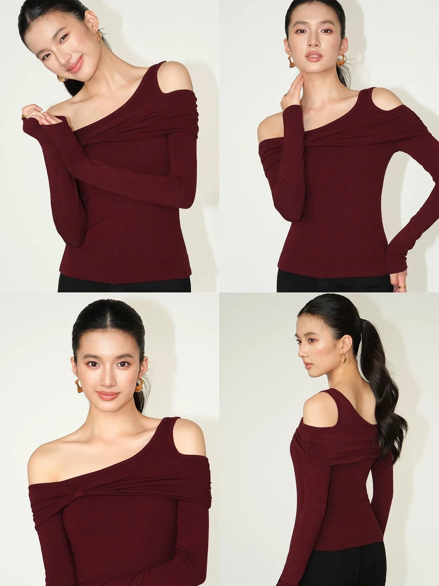 NEVA HU design one-shoulder sweater women's long-sleeved slanted shoulder bottoming shirt niche slim off-shoulder top