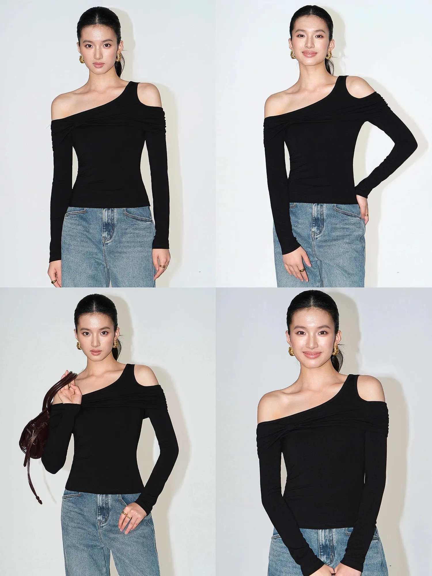 NEVA HU design one-shoulder sweater women's long-sleeved slanted shoulder bottoming shirt niche slim off-shoulder top