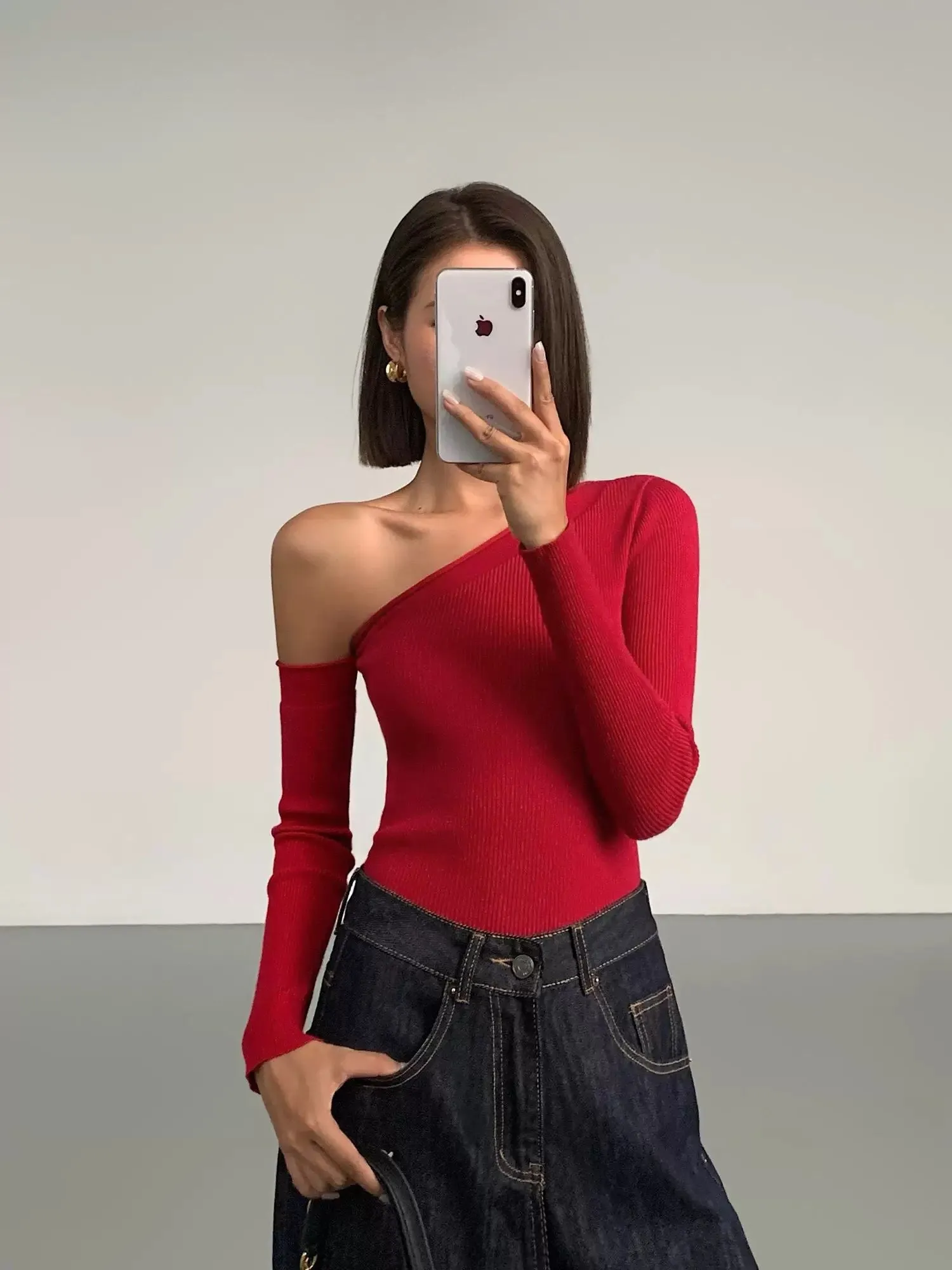 ousph red knitted off-shoulder sweater for women autumn Korean version niche slim design hot girl off-the-shoulder top