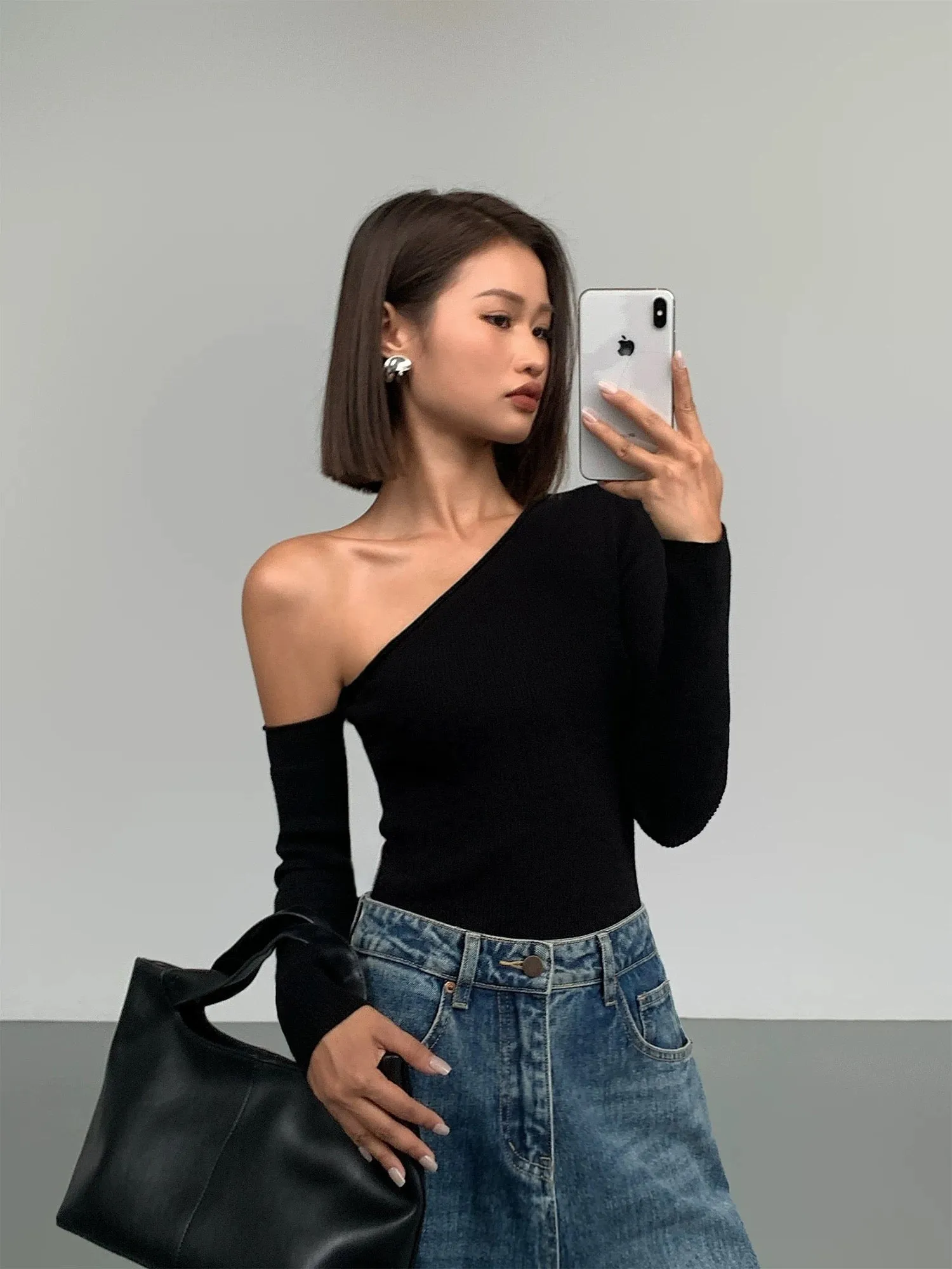 ousph red knitted off-shoulder sweater for women autumn Korean version niche slim design hot girl off-the-shoulder top