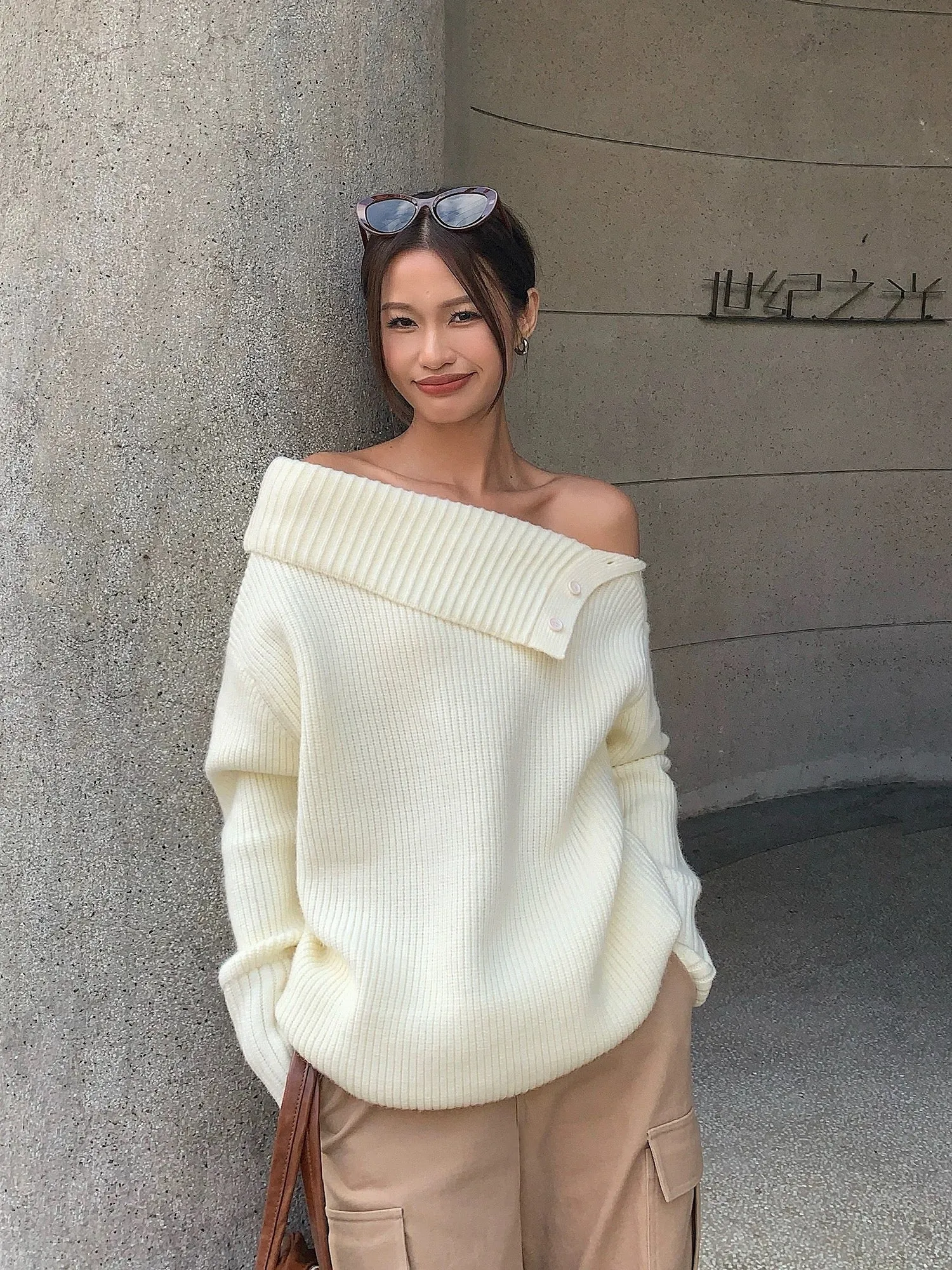 ousph red slope neck off-shoulder sweater long-sleeved sweater for women autumn and winter loose design one-shoulder top