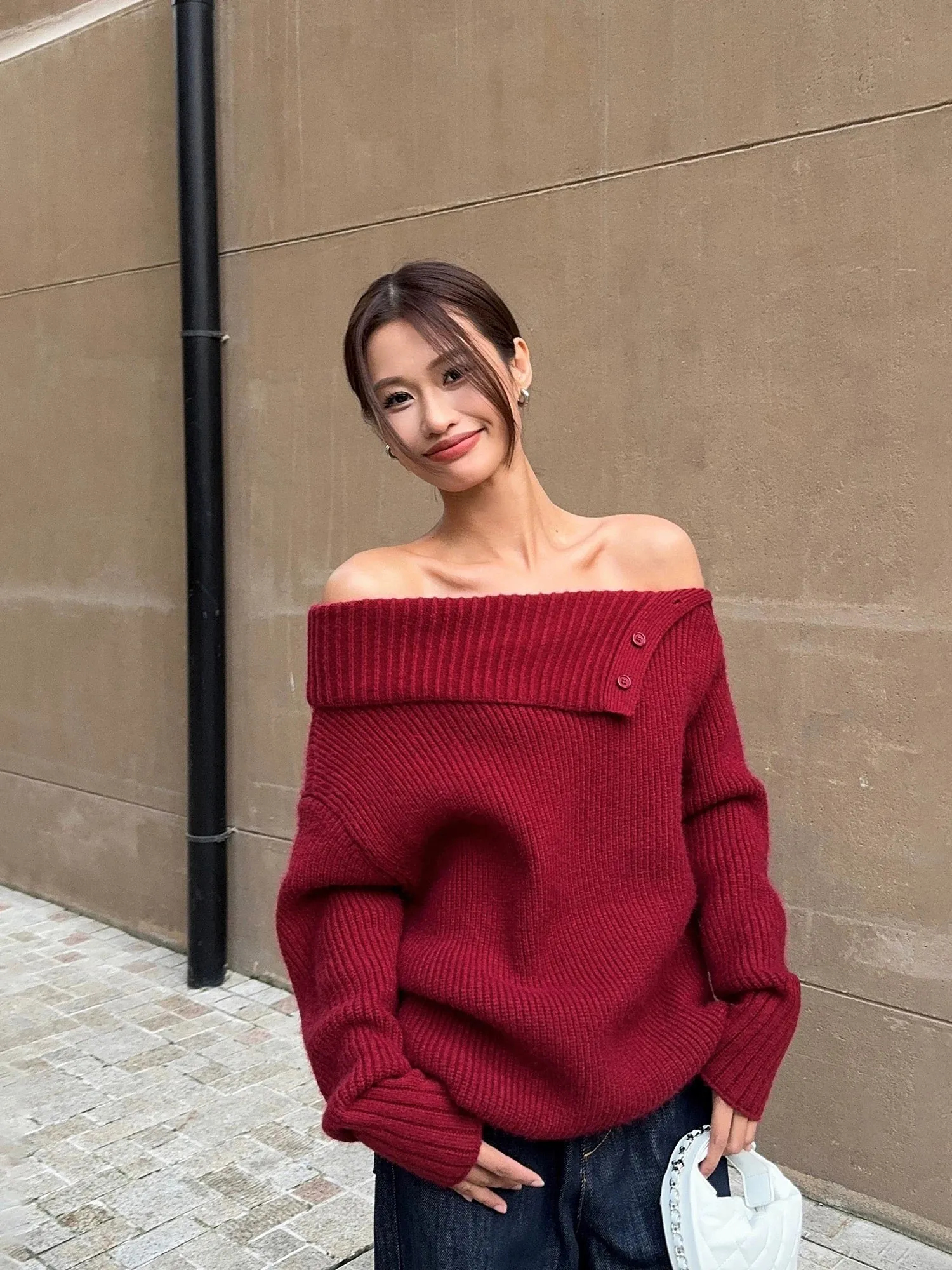 ousph red slope neck off-shoulder sweater long-sleeved sweater for women autumn and winter loose design one-shoulder top