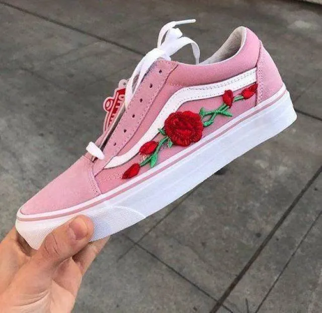 Pink old skool vans red rose patch floral women/girls