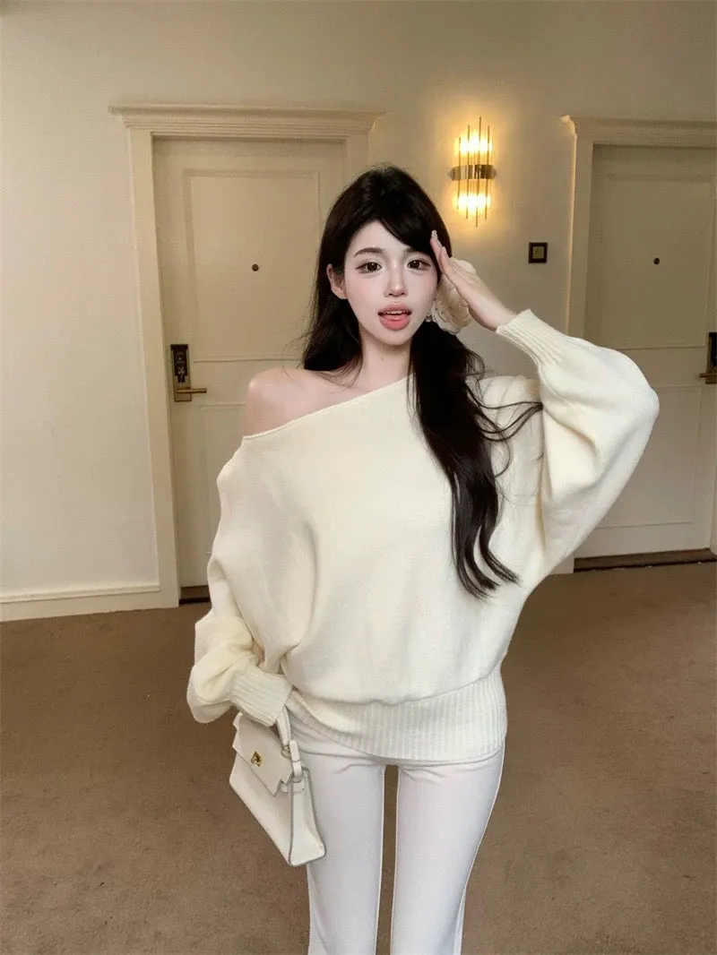 Pink one-shoulder bat-sleeve sweater for women in autumn and winter long-sleeved off-shoulder sweater loose lazy style off-the-s