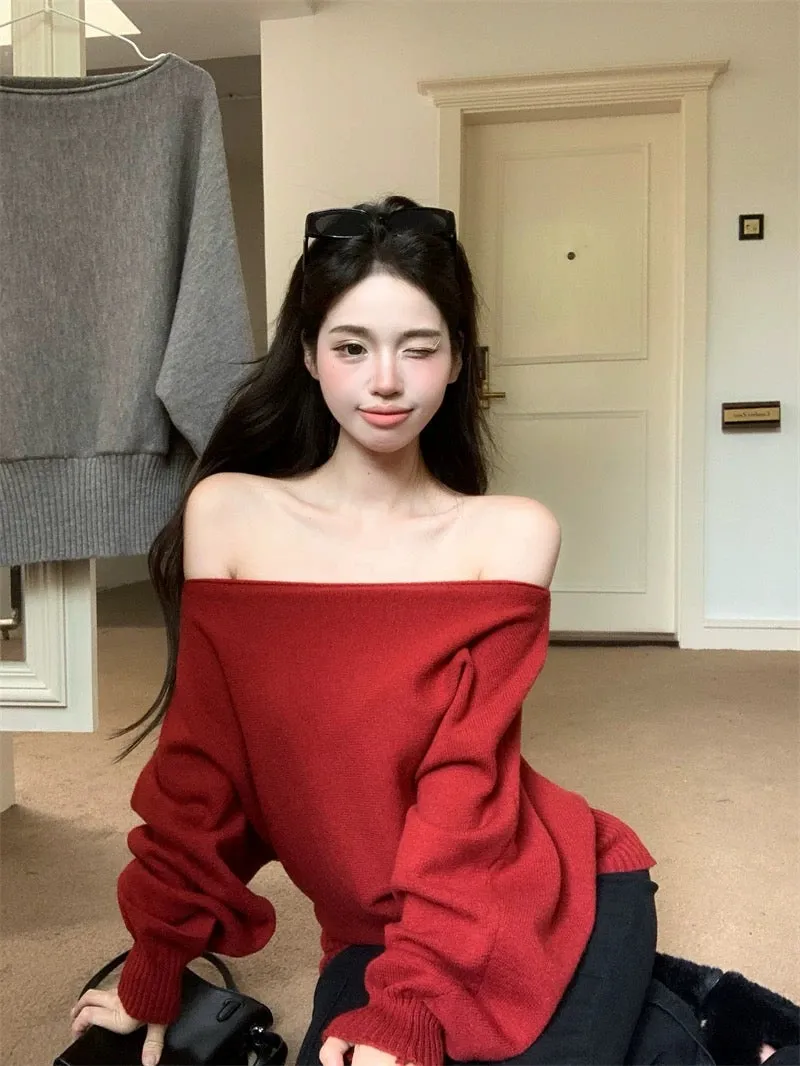 Pink one-shoulder bat-sleeve sweater for women in autumn and winter long-sleeved off-shoulder sweater loose lazy style off-the-s