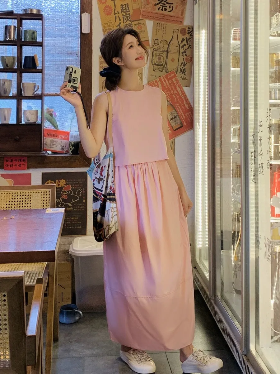 Pink sleeveless top suit summer women's 2024 new college style this year's popular age-reducing skirt two-piece set