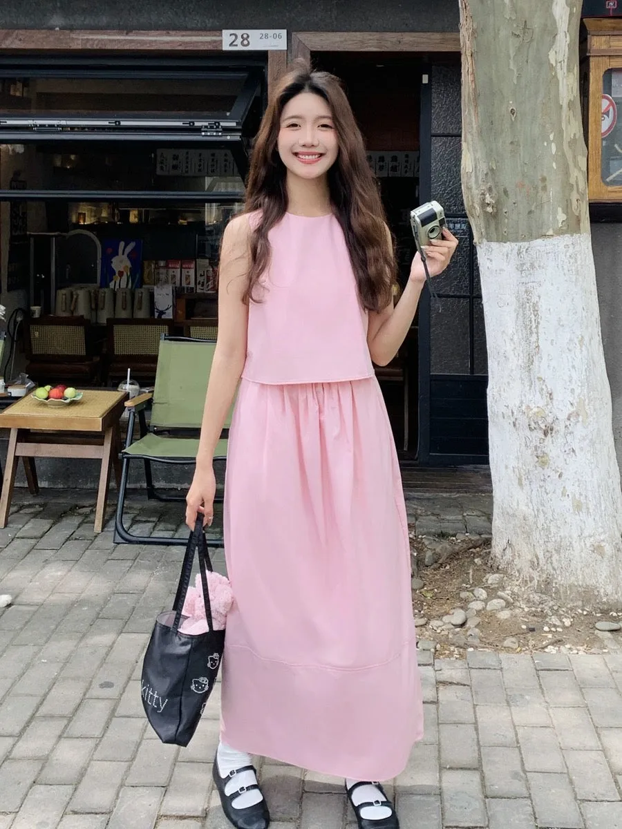 Pink sleeveless top suit summer women's 2024 new college style this year's popular age-reducing skirt two-piece set