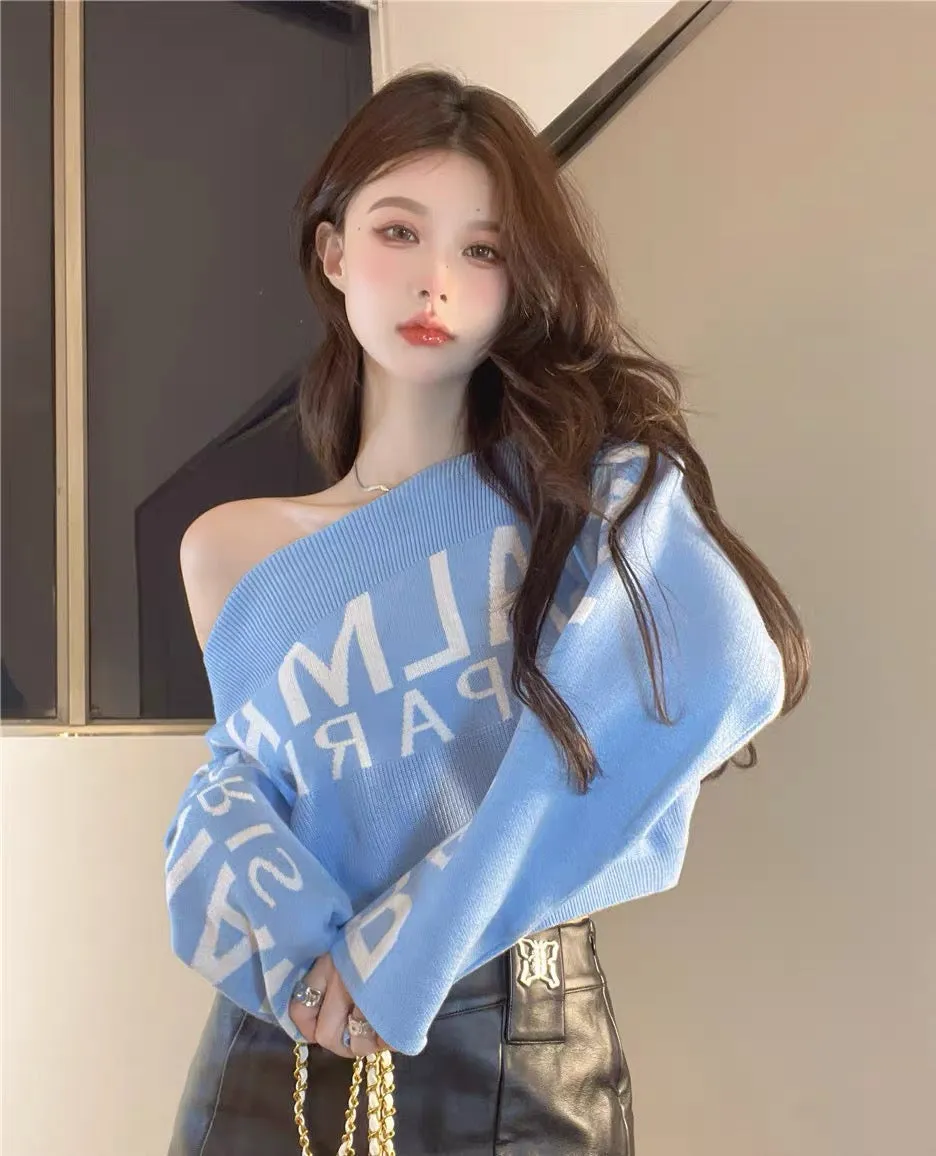 Pink soft waxy lazy sweater women's autumn and winter pure desire hot girl one-shoulder top design sense niche knitted bottoming