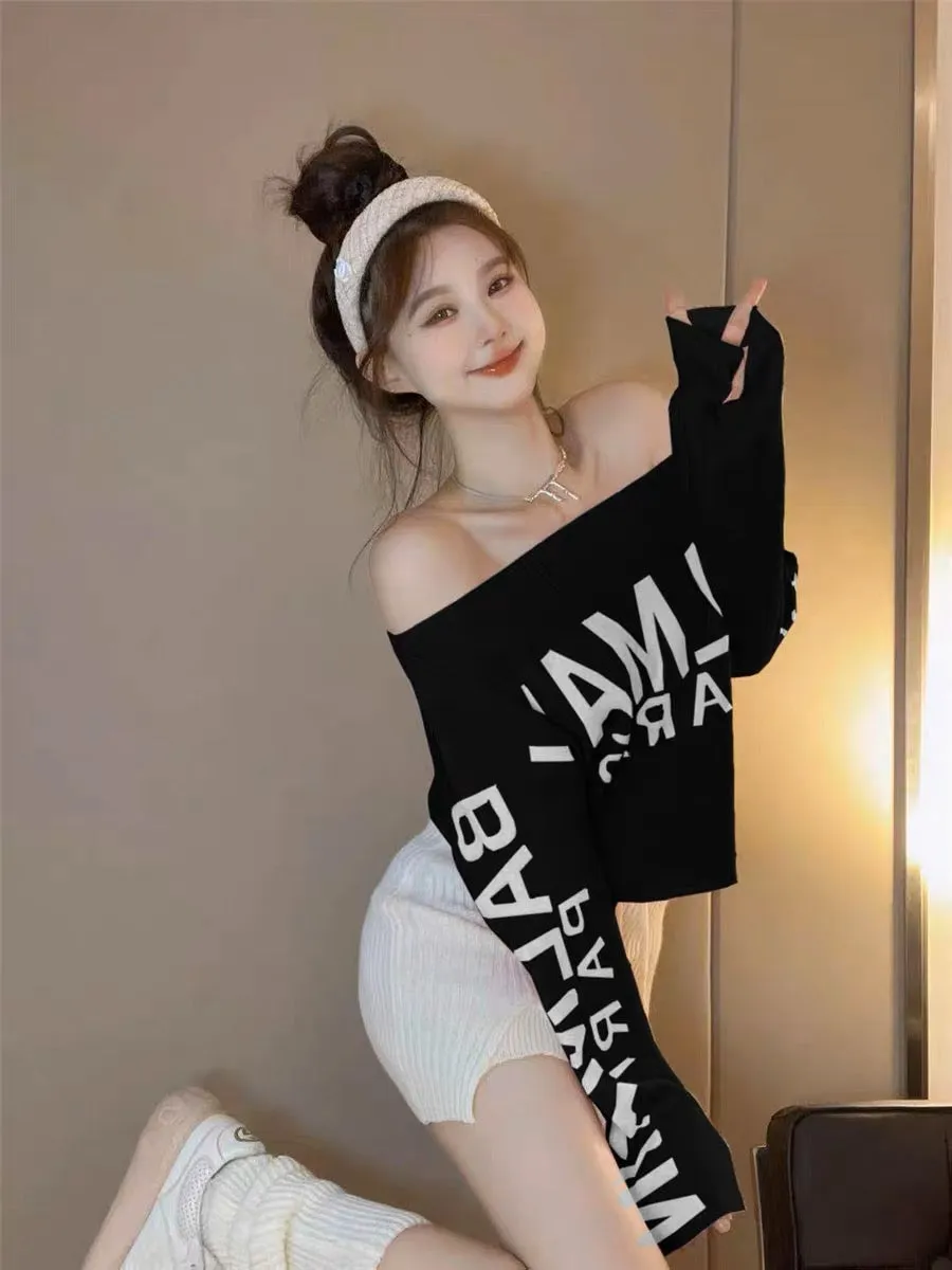 Pink soft waxy lazy sweater women's autumn and winter pure desire hot girl one-shoulder top design sense niche knitted bottoming