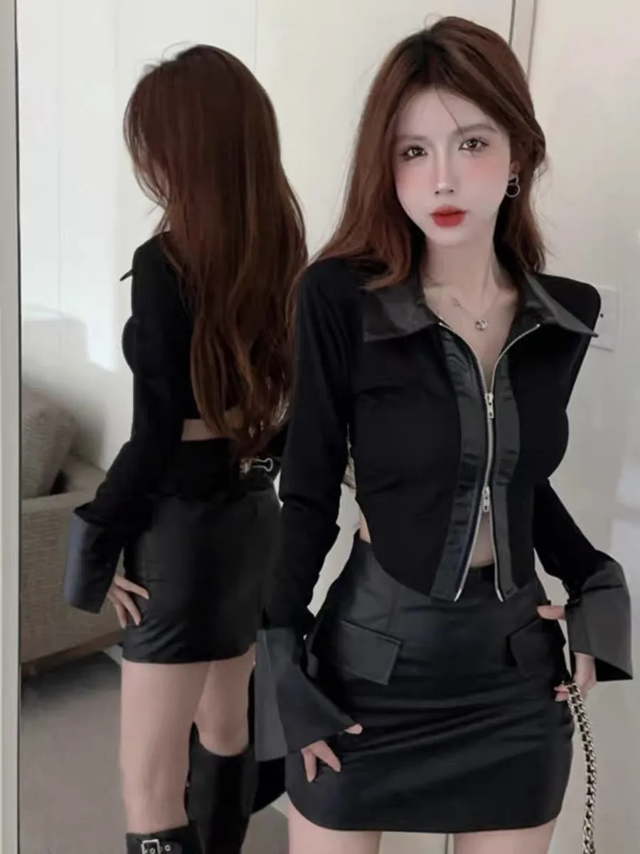 POLO collar spliced leather irregular long-sleeved short cardigan T-shirt women's autumn high waist bag hip sexy leather skirt t