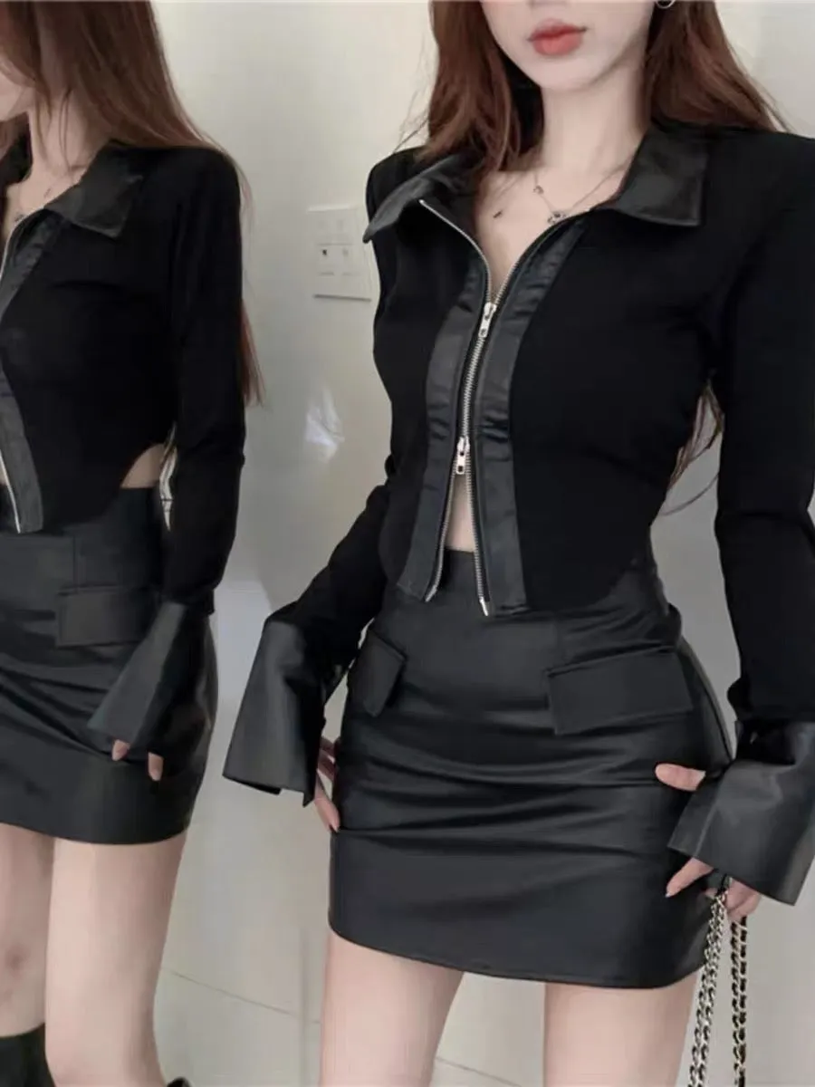 POLO collar spliced leather irregular long-sleeved short cardigan T-shirt women's autumn high waist bag hip sexy leather skirt t