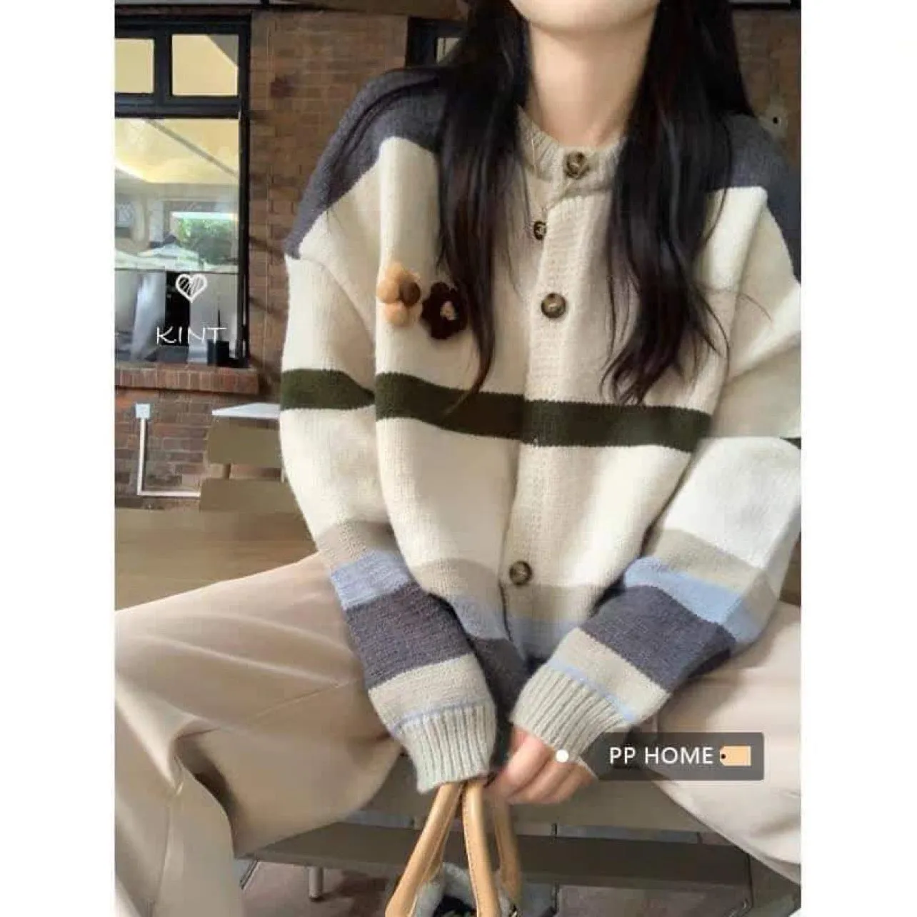 PPHOME Good-looking Korean girl~Korean style gentle and lazy three-dimensional flower retro knitted cardigan striped sweater jac