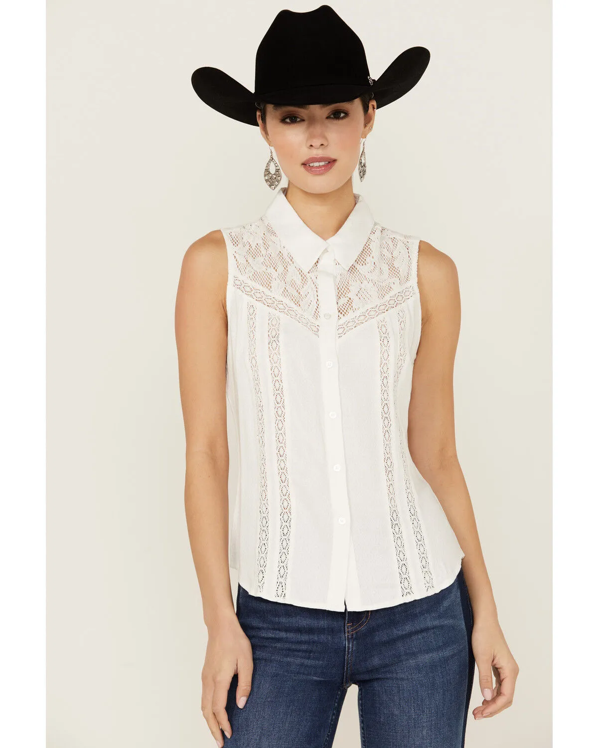 Product Name:  Idyllwind Women's Cobble Lace Yoke Sleeveless Button-Down Top