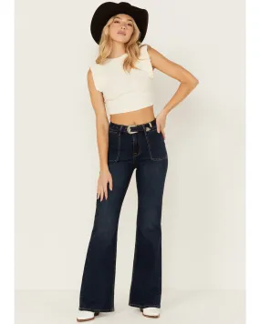 Product Name:  Rock & Roll Denim Women's Dark Wash High Rise Self Belt Wide Leg Stretch Flare Jeans