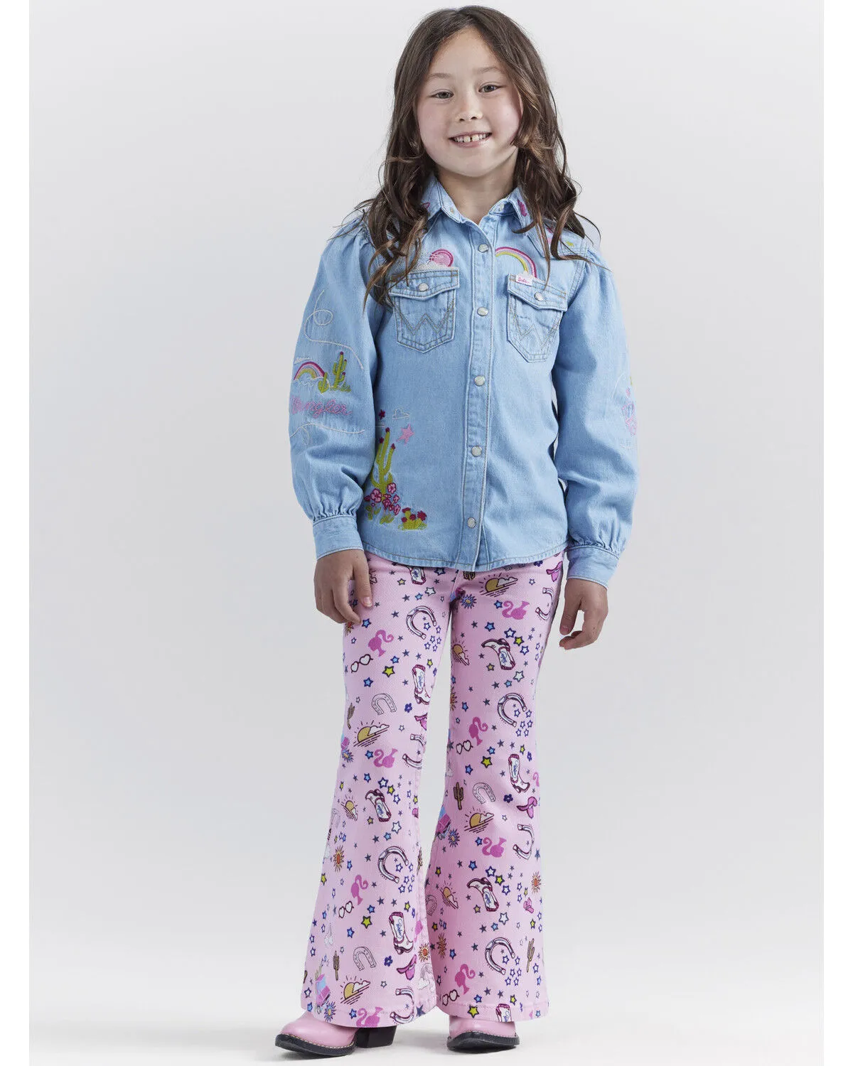 Product Name:  Wrangler® X Barbie™ Girls' Mid Rise Printed Stretch Trumpet Flare Jeans