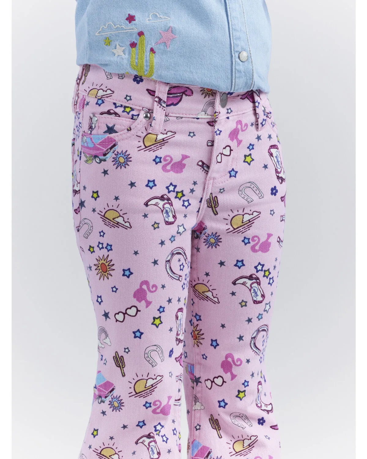 Product Name:  Wrangler® X Barbie™ Girls' Mid Rise Printed Stretch Trumpet Flare Jeans