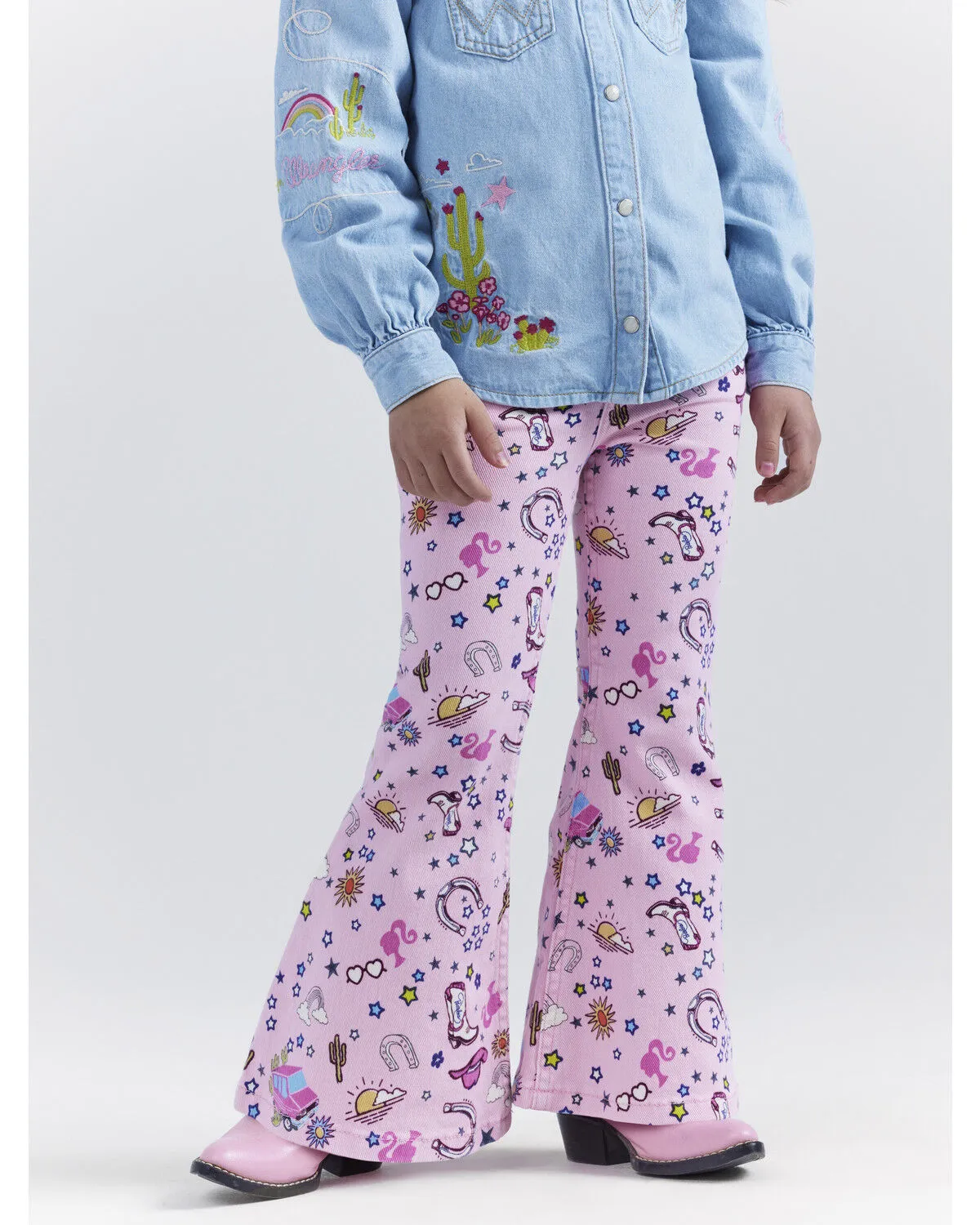 Product Name:  Wrangler® X Barbie™ Girls' Mid Rise Printed Stretch Trumpet Flare Jeans