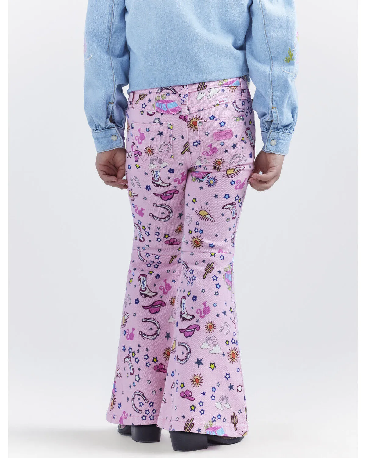 Product Name:  Wrangler® X Barbie™ Girls' Mid Rise Printed Stretch Trumpet Flare Jeans